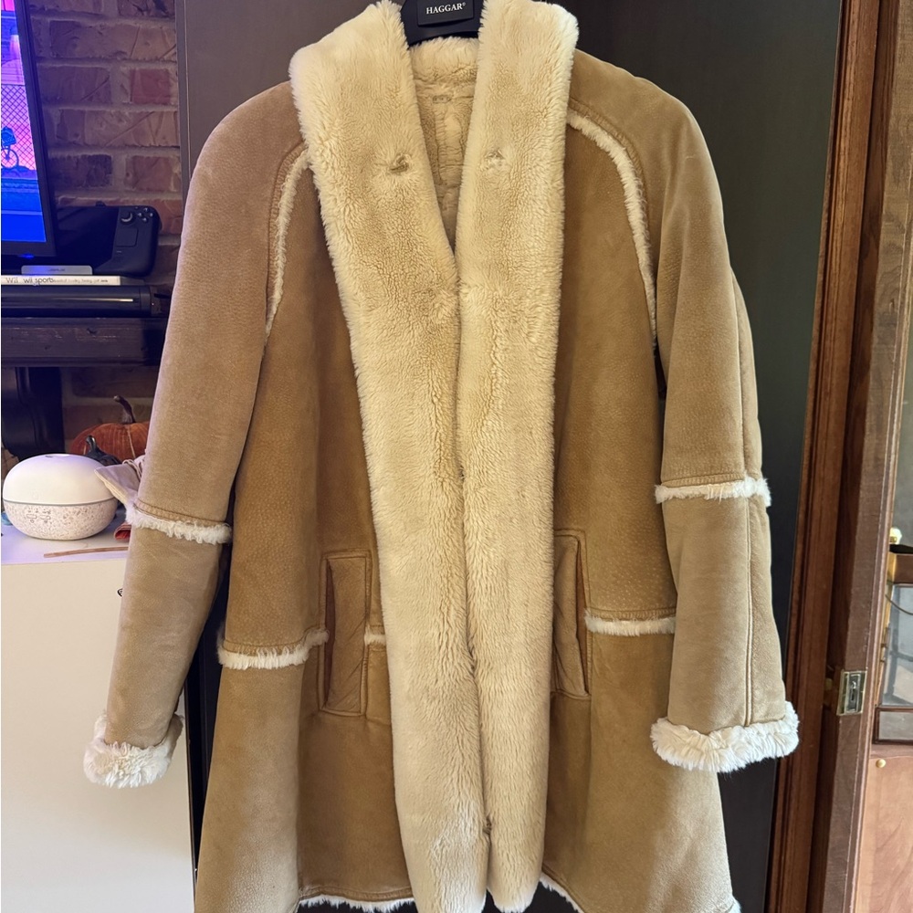 Tan and Cream Teddy Jacket with Shearling Trim